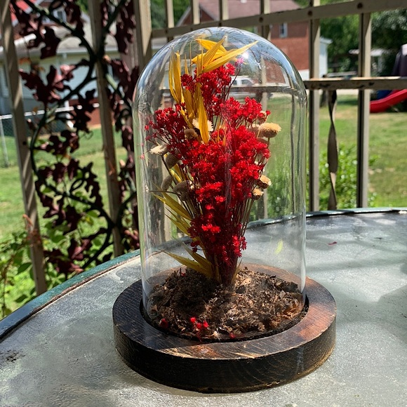 Other - Vintage Faux Flower Glass Dome Cloche Handmade Wood Base Decoration